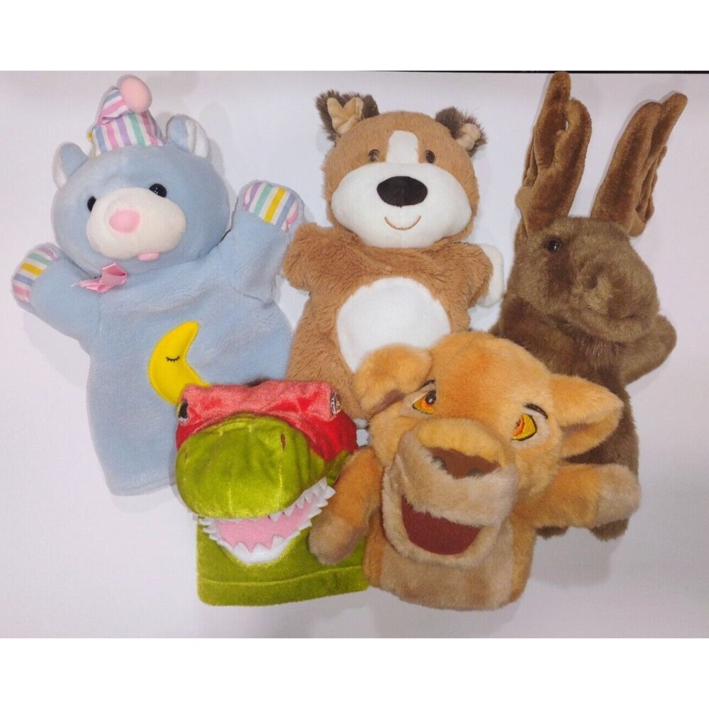 Plush 5 Puppet Lot Lion King Dinosaur Moose Bear Puppy Disney Aurora Preschool